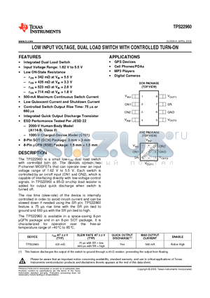 TPS22960RSER datasheet - LOW INPUT VOLTAGE, DUAL LOAD SWITCH WITH CONTROLLED TURN-ON