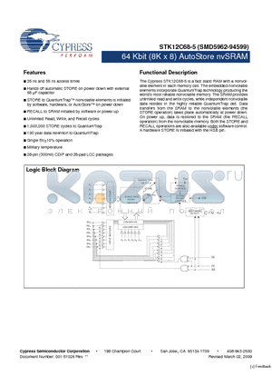 STK12C68-5 datasheet - 64 Kbit (8K x 8) AutoStore nvSRAM