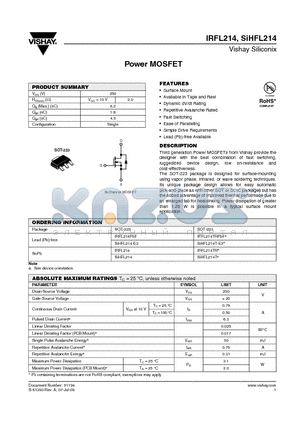 SIHFL214T-E3 datasheet - Power MOSFET