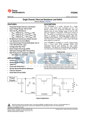 TPS22965DSGT datasheet - Single Channel, Ultra-Low Resistance Load Switch