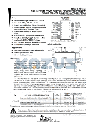 TPS2311 datasheet - DUAL HOT SWAP POWER CONTROLLER WITH INTERDEPENDENT CIRCUIT BREAKER AND POWER-GOOD REPORTING
