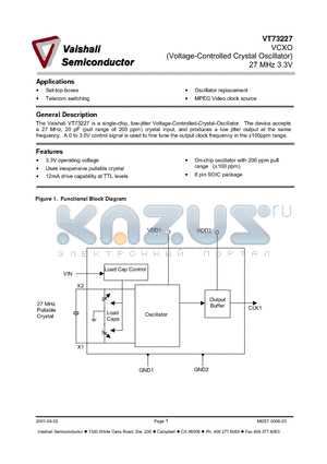 VT73227-S1 datasheet - VCXO (Voltage-Controlled Crystal Oscillator) 27 MHz 3.3V