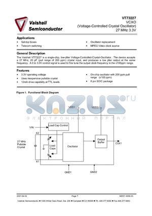 VT73227-/D datasheet - VCXO (Voltage-Controlled Crystal Oscillator) 27 MHz 3.3V