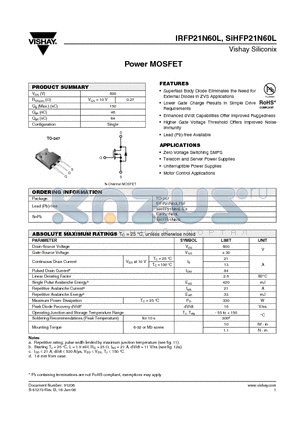 SIHFP21N60L-E3 datasheet - Power MOSFET
