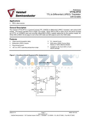 VT73LVP10 datasheet - TTL to Differential LVPECL Translator