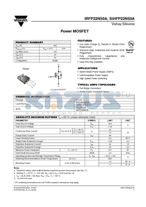 SIHFP22N50A-E3 datasheet - Power MOSFET
