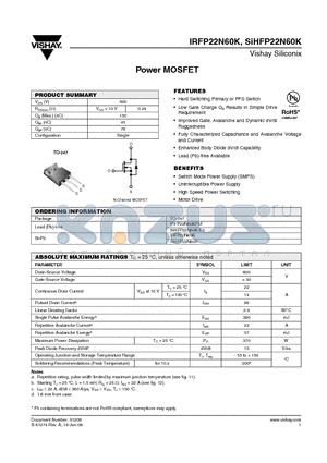 SIHFP22N60K-E3 datasheet - Power MOSFET