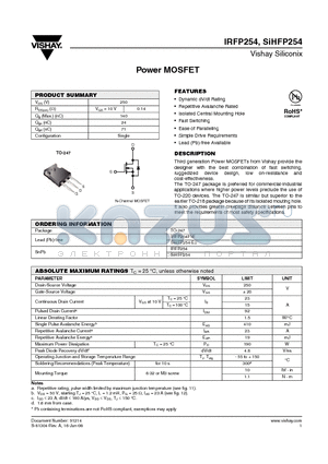 SIHFP254 datasheet - Power MOSFET