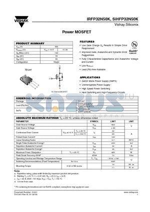 SIHFP32N50K-E3 datasheet - Power MOSFET