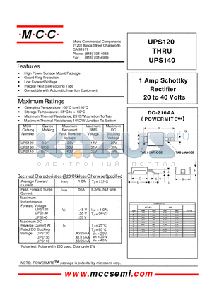 UPS130 datasheet - 1 Amp Schottky Rectifier 20 to 40 Volts