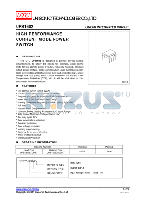 UPS1602L-D08-T datasheet - HIGH PERFORMANCE CURRENT MODE POWER SWITCH