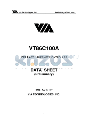 VT86C100A datasheet - PCI FAST ETHERNET CONTROLLER