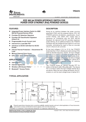 TPS2370 datasheet - IEEE 802.3af POWER INTERFACE SWITCH FOR POWER OVER ETHERNET(PoE) POWERED DEVICES