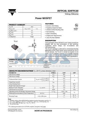 SIHFPC40-E3 datasheet - Power MOSFET