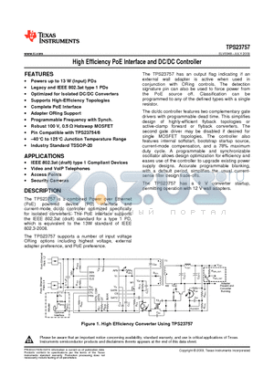 TPS23757 datasheet - High Efficiency PoE Interface and DC/DC Controller