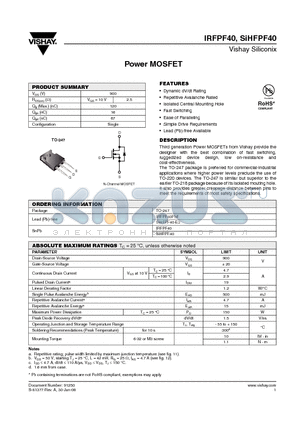 SIHFPF40-E3 datasheet - Power MOSFET