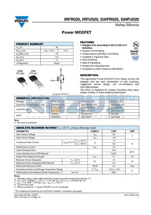 SIHFR020-E3 datasheet - Power MOSFET