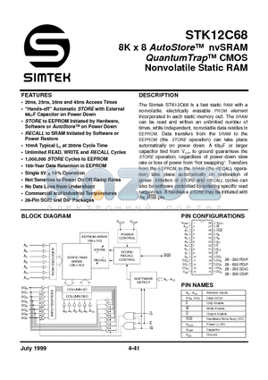 STK12C68-C45 datasheet - 8k x 8 AUTOSTORE NVSRAM QUANTUM TRAP CMOS NONVOLATILE STATIC RAM