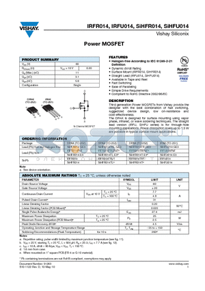 SIHFR014TRL-GE3 datasheet - Power MOSFET