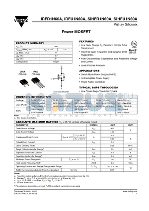 SIHFR1N60A-E3 datasheet - Power MOSFET