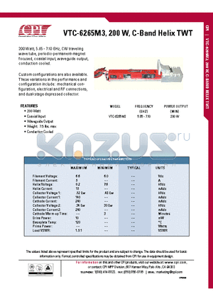 VTC-6265M3 datasheet - VTC-6265M3, 200 W, C-Band Helix TWT