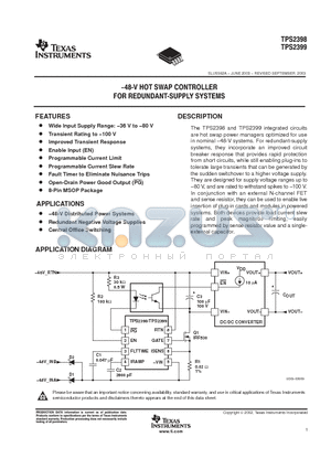 TPS2399DGKR datasheet - -48V HOT SWAP CONTROLLER FOR REDUNDANT SUPPLY SYSTEMS