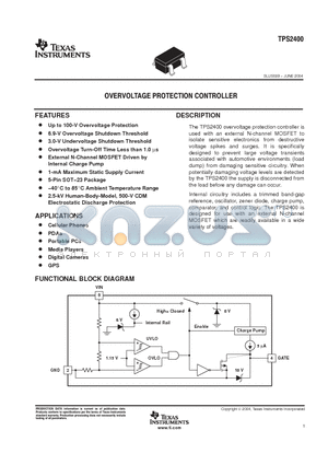 TPS2400DBVR datasheet - OVERVOLTAGE PROTECTION CONTROLLER