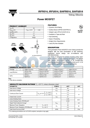 SIHFR014-E3 datasheet - Power MOSFET