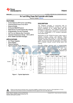 TPS2419 datasheet - N1 and ORing Power Rail Controller with Enable