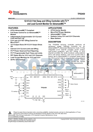 TPS2459 datasheet - 12-V/3.3-V Hot Swap and ORing Controller with I2C and Load Current Monitor for AdvancedMC