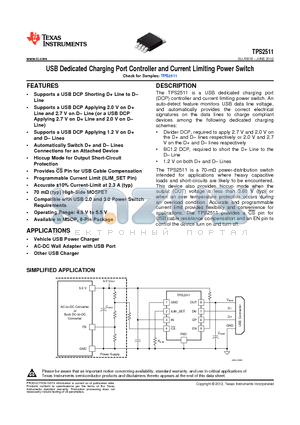 TPS2511 datasheet - USB Dedicated Charging Port Controller and Current Limiting Power Switch