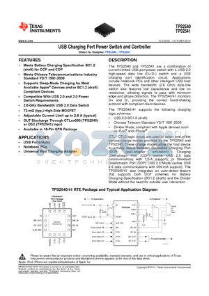 TPS2540 datasheet - USB Charging Port Power Switch and Controller