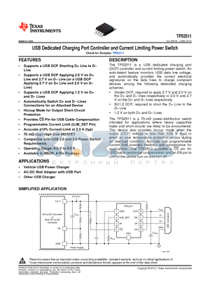 TPS2511DGN datasheet - USB Dedicated Charging Port Controller and Current Limiting Power Switch