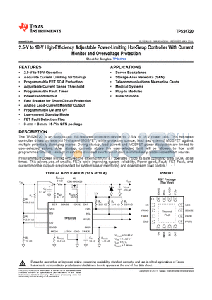 TPS24720RGTT datasheet - 2.5-V to 18-V High-Efficiency Adjustable Power-Limiting Hot-Swap Controller With Current