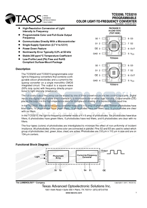 TCS3210 datasheet - COLOR LIGHT-TO-FREQUENCY CONVERTER