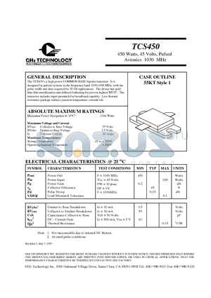 TCS450 datasheet - 450 Watts, 45 Volts, Pulsed Avionics 1030 MHz