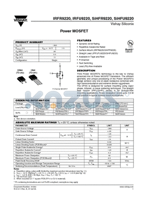 SIHFR9220TL-E3 datasheet - Power MOSFET