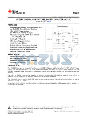TPS2505B1RGWR datasheet - INTEGRATED DUAL USB SWITCHES, BOOST CONVERTER AND LDO