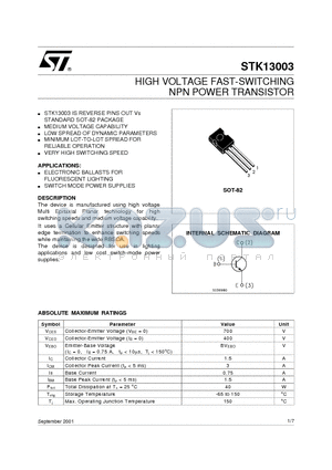 STK13003 datasheet - HIGH VOLTAGE FAST-SWITCHING NPN POWER TRANSISTOR