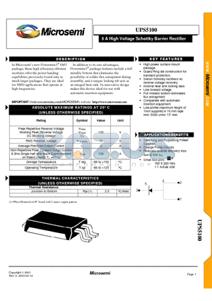UPS5100 datasheet - 5 A High Voltage Schottky Barrier Rectifier