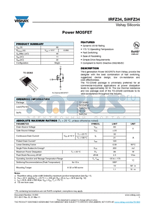 SIHFZ34 datasheet - Power MOSFET