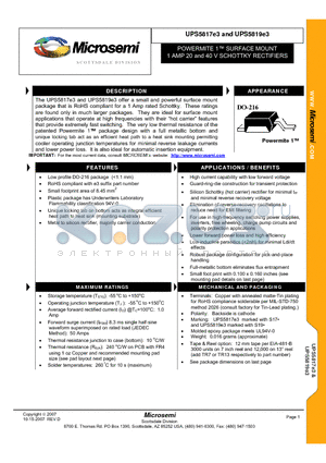 UPS5817E3 datasheet - POWERMITE 1 SURFACE MOUNT 1 AMP 20 and 40 V SCHOTTKY RECTIFIERS