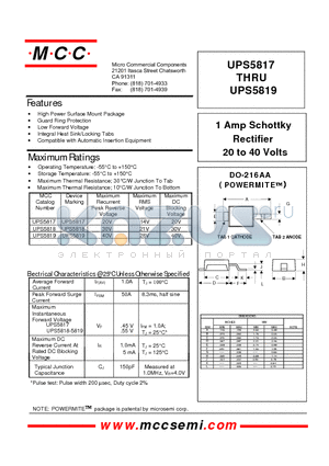 UPS5817 datasheet - 1 Amp Schottky Rectifier 20 to 40 Volts