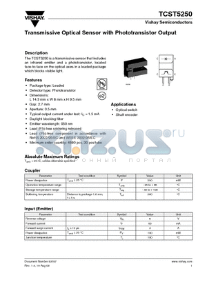 TCST5250 datasheet - Transmissive Optical Sensor with Phototransistor Output