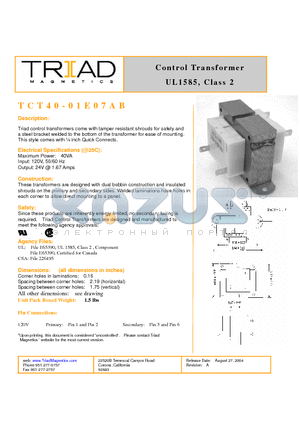 TCT40-01E07AB datasheet - Control Transformer UL1585, Class 2