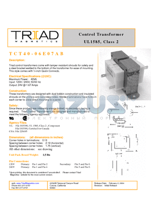 TCT40-06E07AB datasheet - Control Transformer UL1585, Class 2