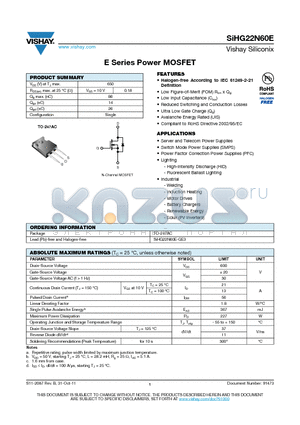 SIHG22N60E-GE3 datasheet - E Series Power MOSFET
