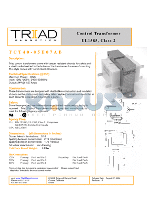 TCT40-05E07AB datasheet - Control Transformer UL1585, Class 2