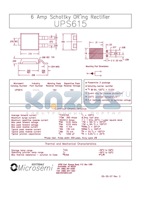 UPS615 datasheet - 6 Amp Schottky ORing Rectifier