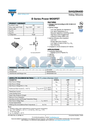 SIHG25N40D datasheet - D Series Power MOSFET